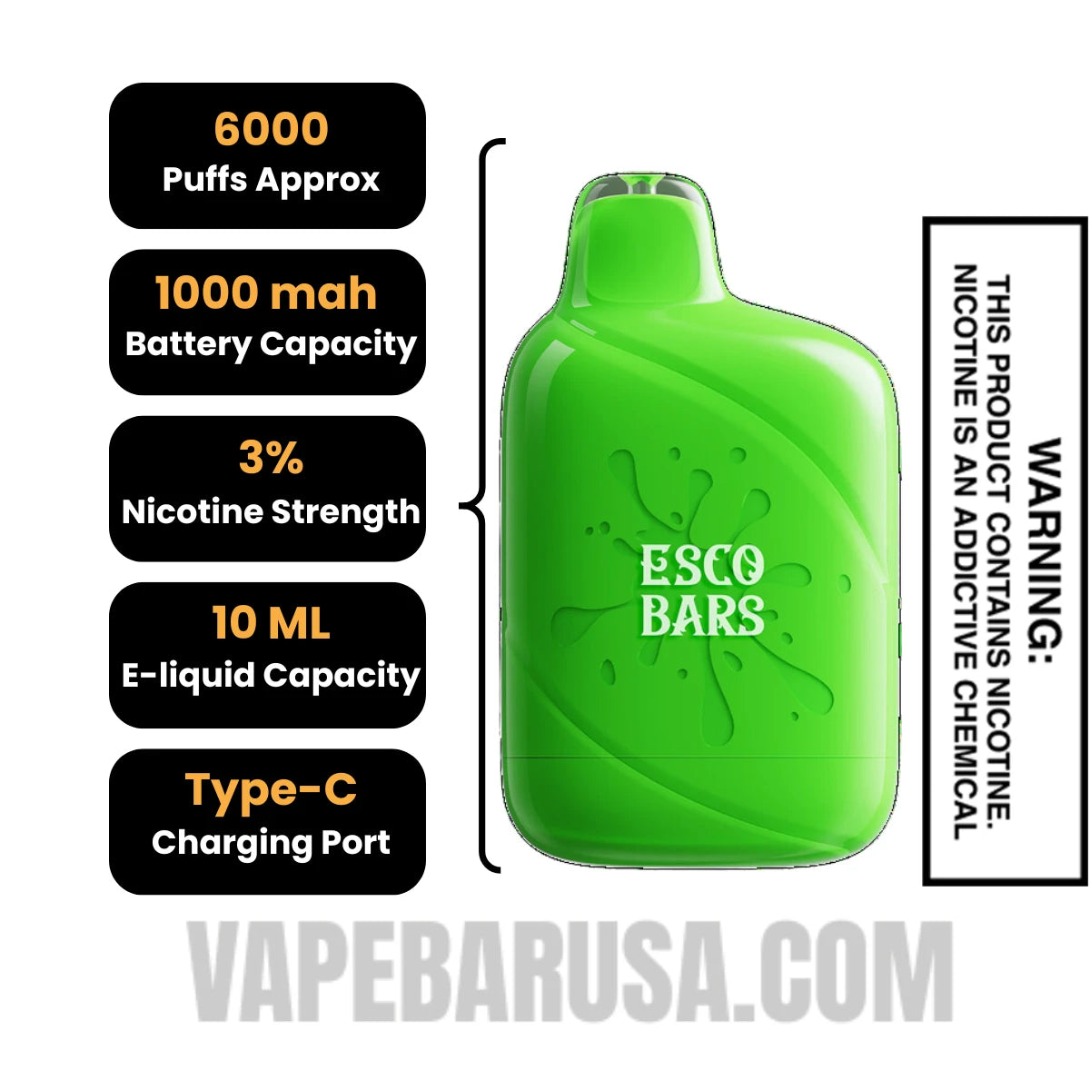 Sour Apple Candy Esco Bar Mesh Vape 6000 Puffs 3% Nic Specifications