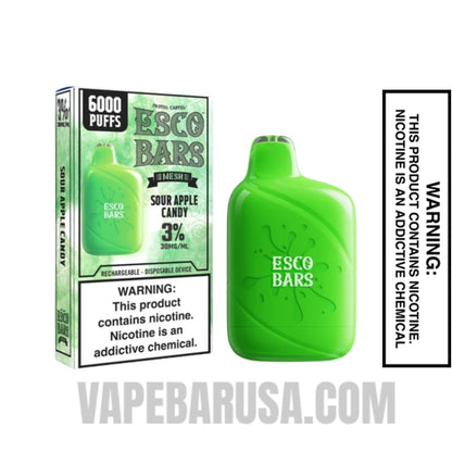 Sour Apple Candy Esco Bar Mesh Vape 6000 Puffs 3% Nic With Package Box