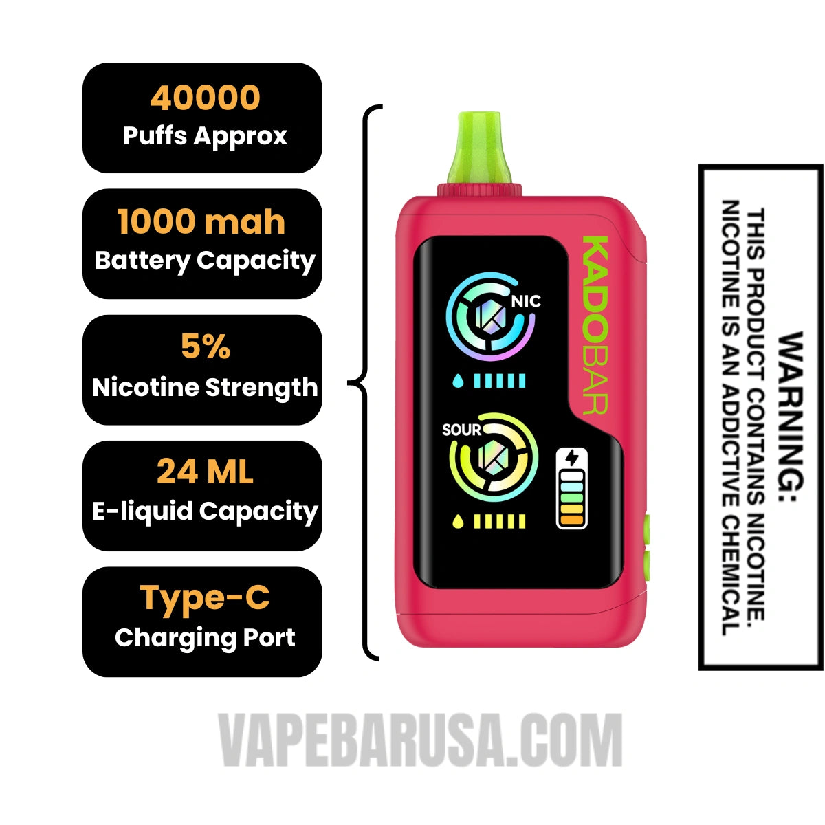 Sour Apple Cranberry Kado Bar NI40K Sour-Nic Control Disposable Vape Specifications