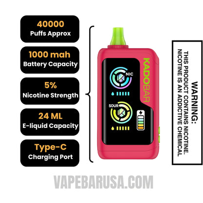 Sour Apple Cranberry Kado Bar NI40K Sour-Nic Control Disposable Vape Specifications