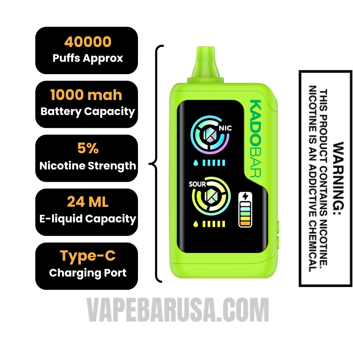 Sour Apple Hard Candy Kado Bar NI40K Sour-Nic Control Disposable  Vape Specifications