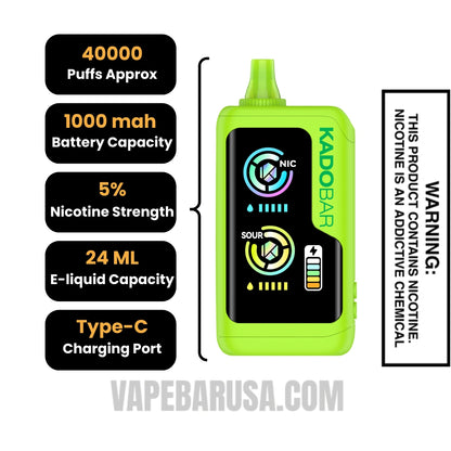Sour Apple Hard Candy Kado Bar NI40K Sour-Nic Control Disposable  Vape Specifications