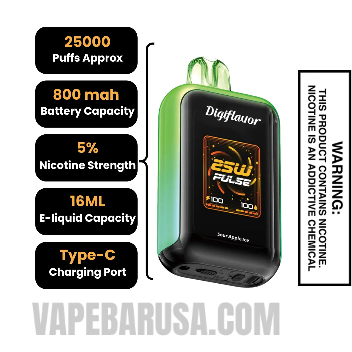 Sour Apple Ice Digiflavor Sky 25K Vape Specifications