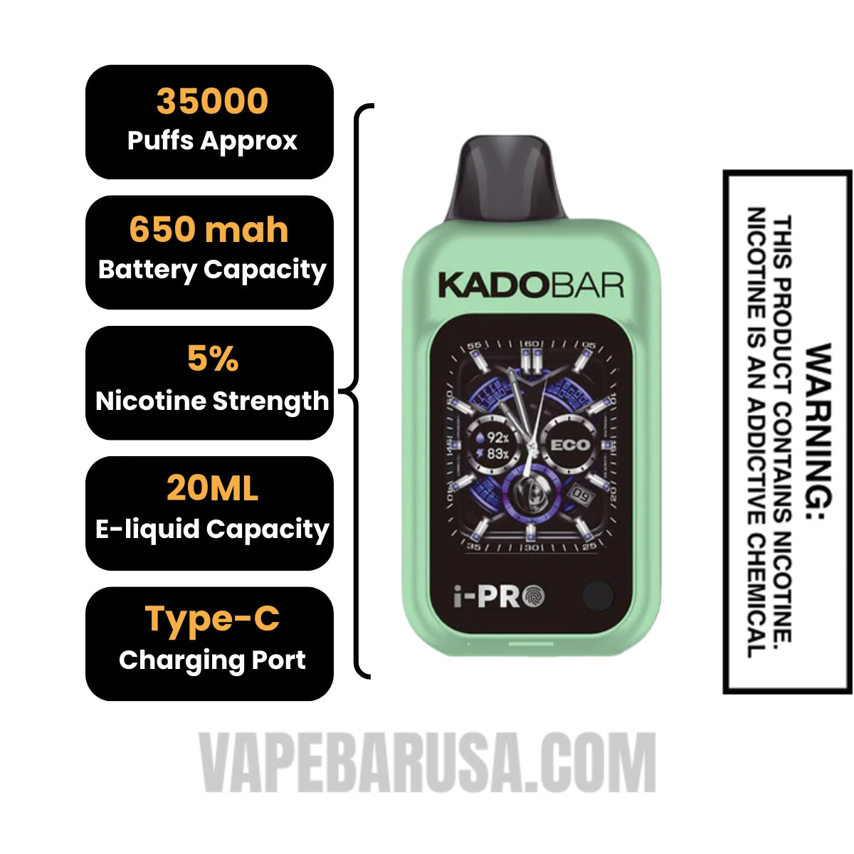 Sour Apple Ice Kado Bar i-Pro 35K Disposable Vape Specifications