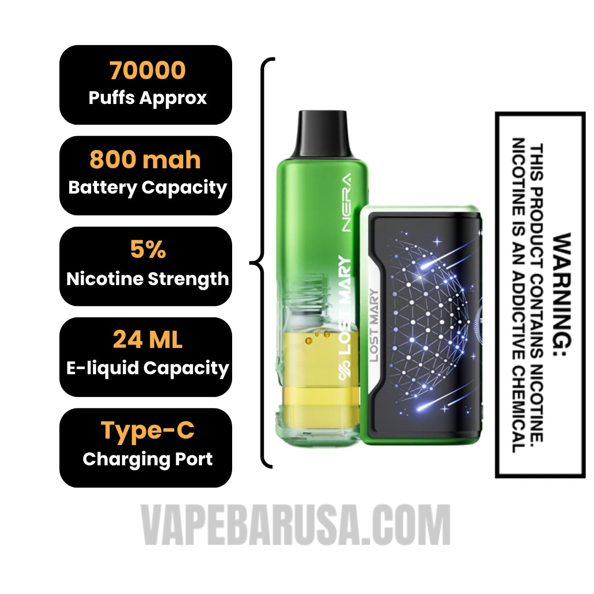 Sour Apple Ice Lost Mary Nera Fullview 70K Disposable Kit Specifications
