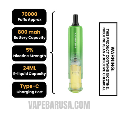 Sour Apple Ice Lost Mary Nera Fullview 70K Disposable Pod Specifications