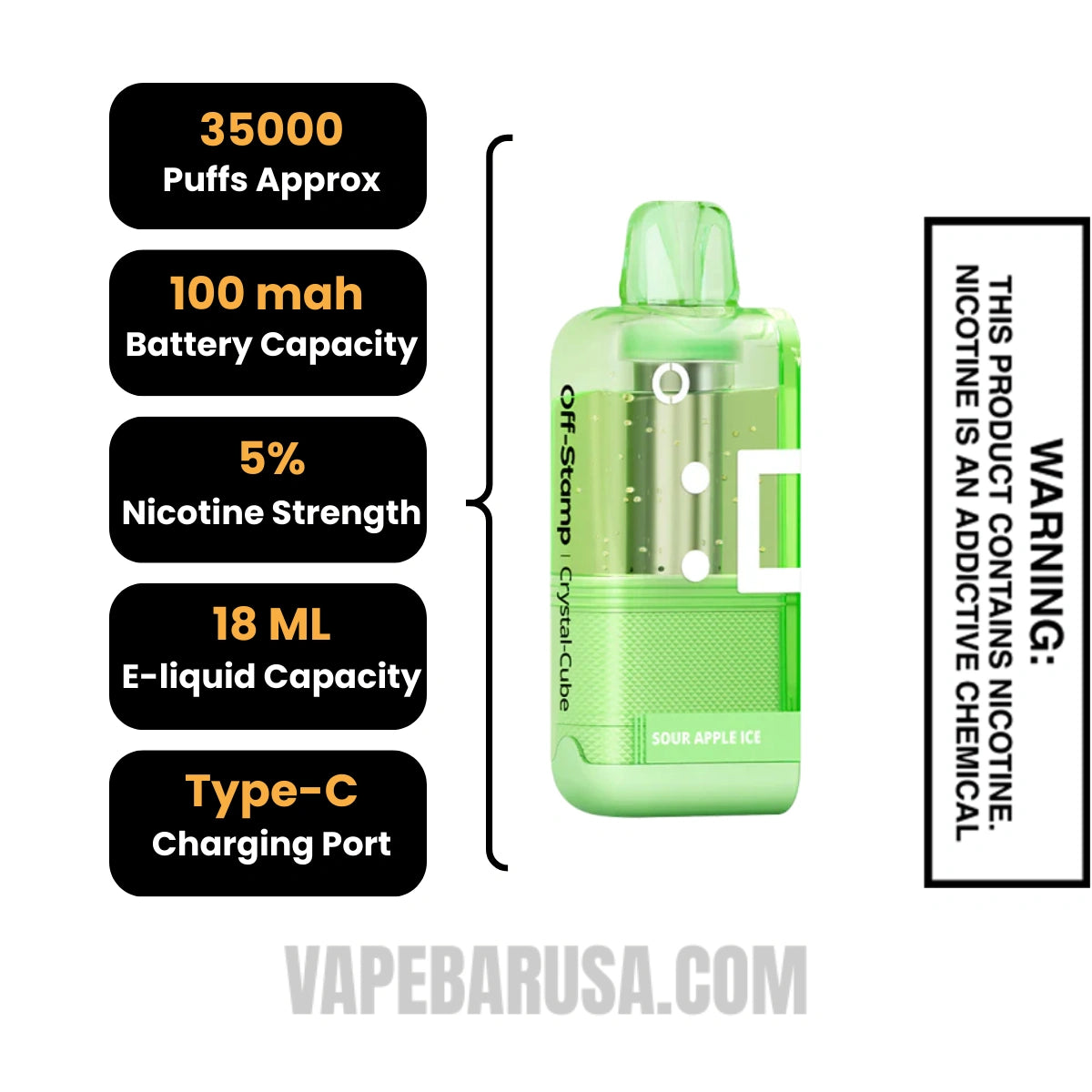 Sour Apple Ice Off Stamp X Cube Crystal Cube 35K Vape Pod Specifications