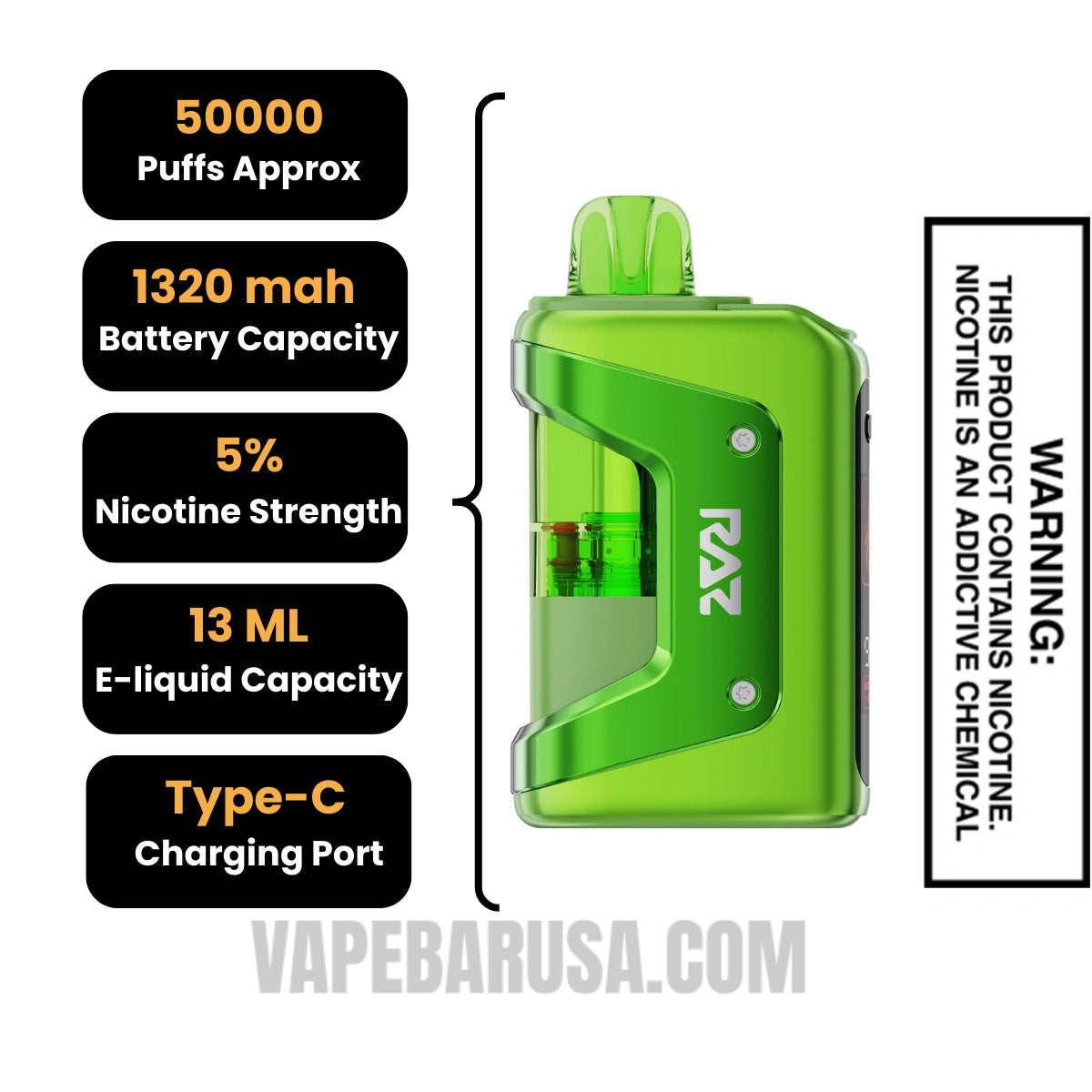 Sour Apple Ice RAZ VUE 50K Disposable Kit Specifications