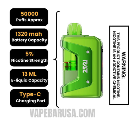 Sour Apple Ice RAZ VUE 50K Disposable Kit Specifications