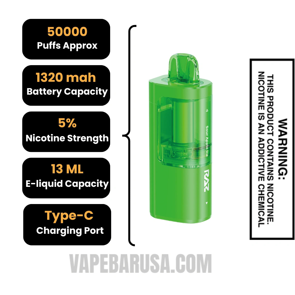 Sour Apple Ice RAZ VUE 50K Disposable Pod Specifications
