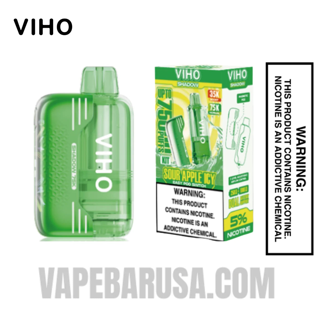 Sour Apple Icy VIHO Shadow 75K Vape Kit with Package Box
