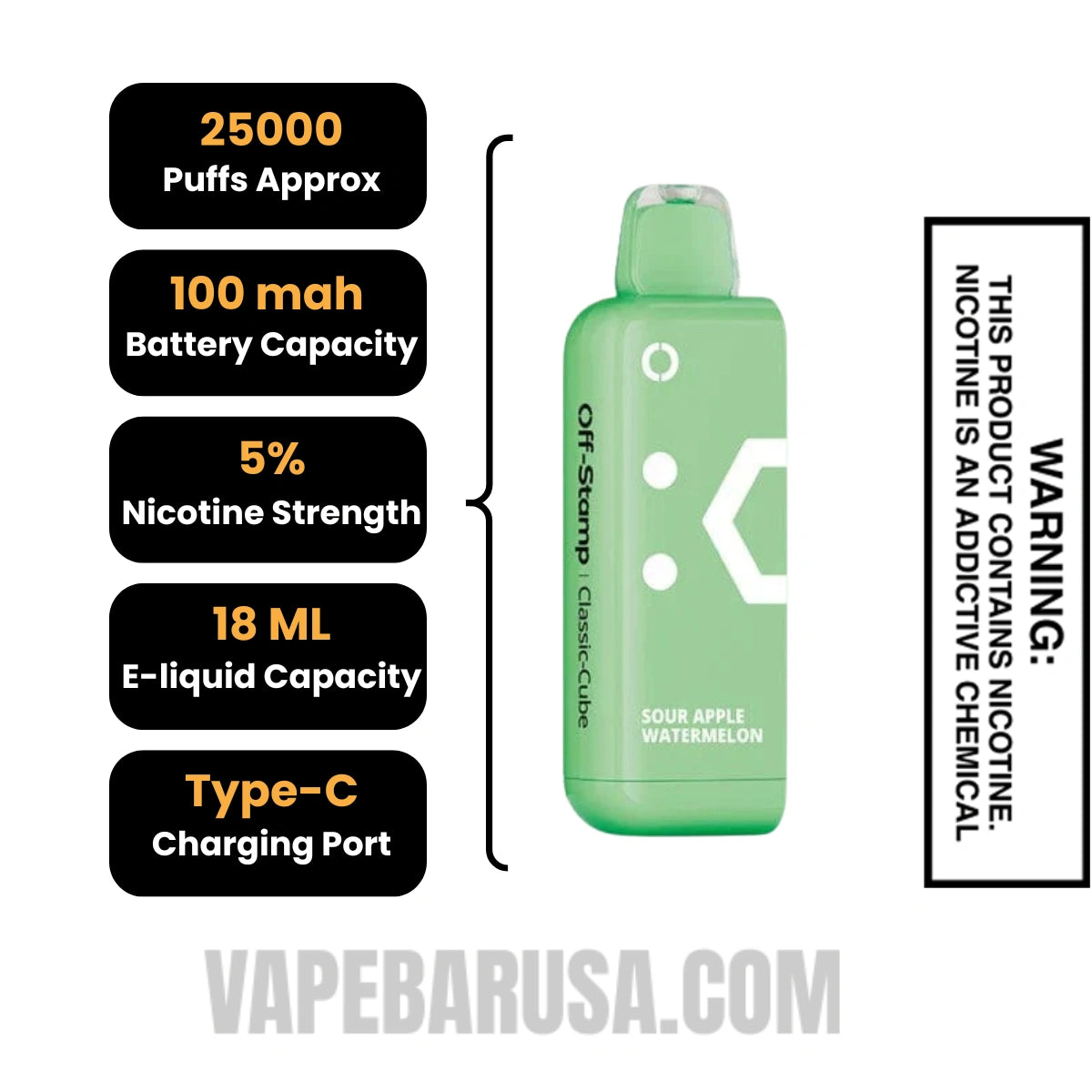 Sour Apple Watermelon Off Stamp Classic Cube 25K Disposable Pod Specifications