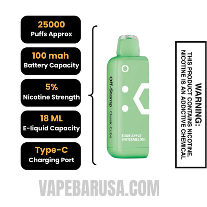 Sour Apple Watermelon Off Stamp Classic Cube 25K Disposable Pod Specifications