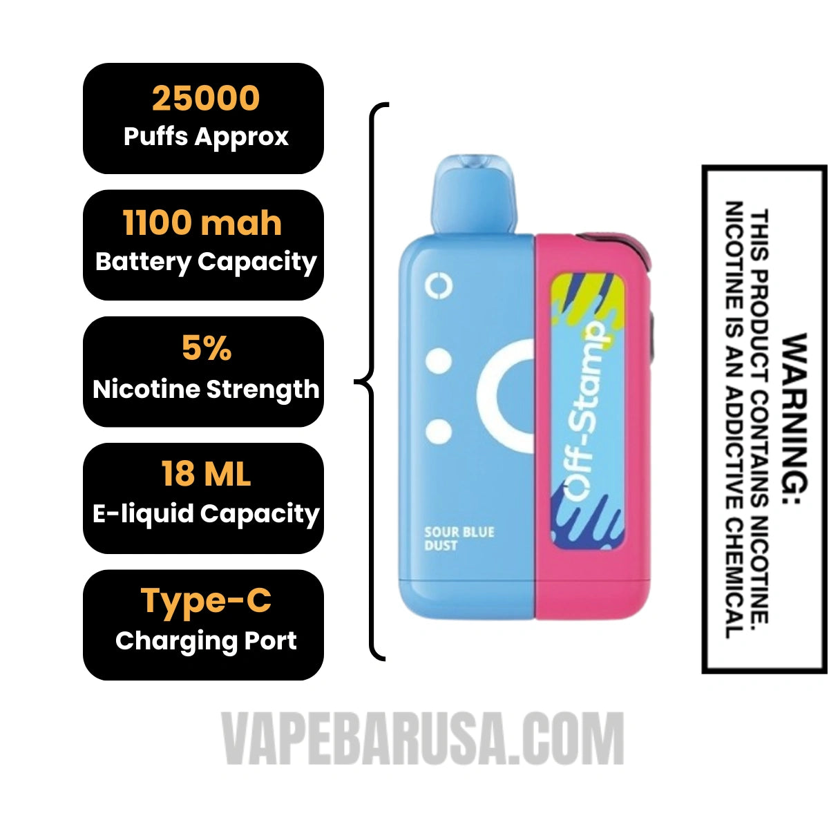 Sour Blue Dust Off Stamp X CUBE 25K Disposable Vape Kit Specifications