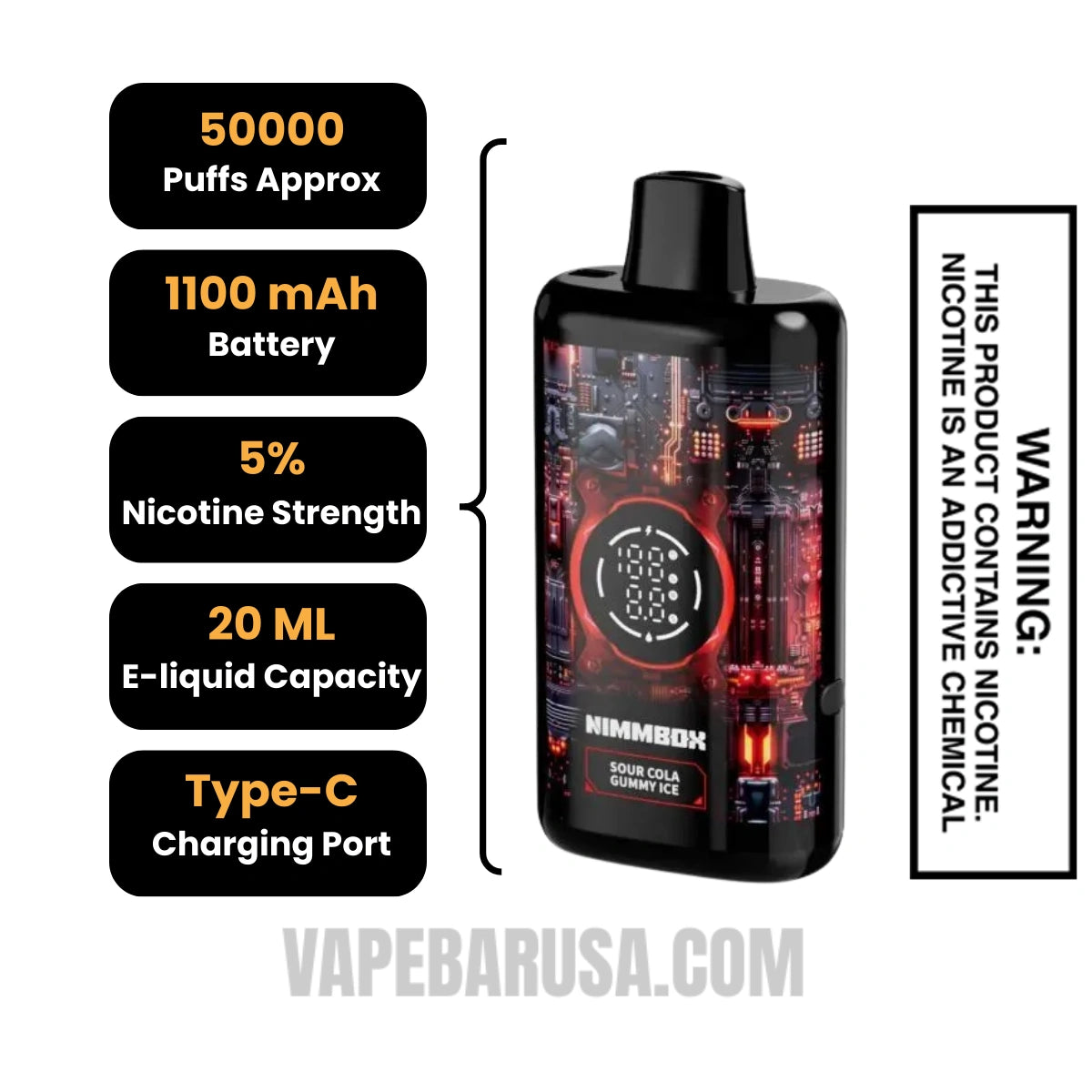 Sour Cola Gummy Ice Nimmbox MECHA 50K Disposable Vape Specifications  