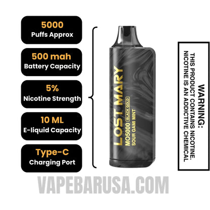 Sour Gami Mint Lost Mary MO5000 Black Gold Edition Vape Specifications