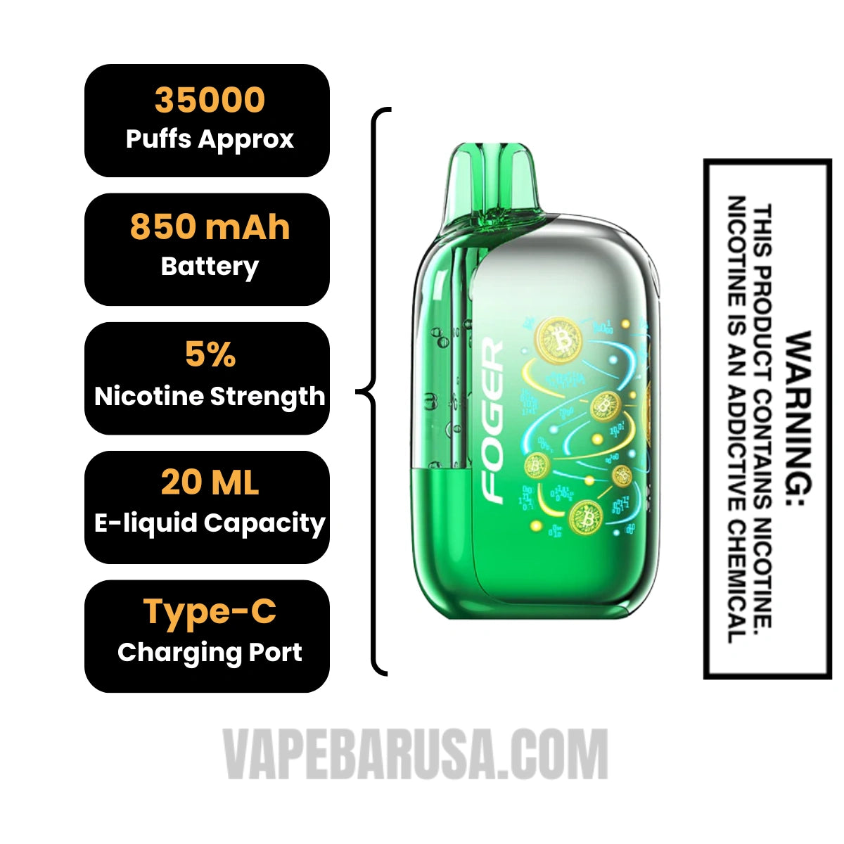 Sour Kiwi Gush Foger Bit 35K Disposable Vape Specifications 