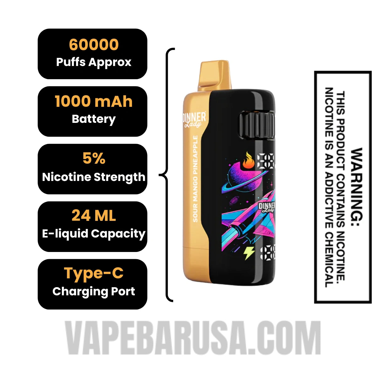 Sour Mango Pineapple Dinner Lady Galax 60K Disposable Vape Specifications