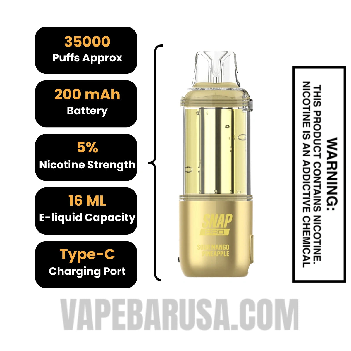 Sour Mango Pineapple Dinner Lady Snap Pro 35K Disposable Vape Pod Specifications
