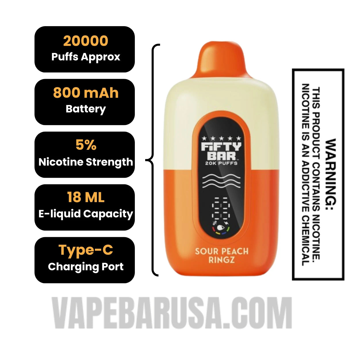 Sour Peach Ringz Hidden Hills X Fifty Bar 20k Disposable Vape Specifications