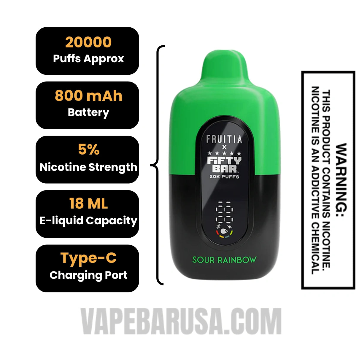 Sour Rainbow Fruitia X Fifty Bar 20K Disposable Vape Specifications