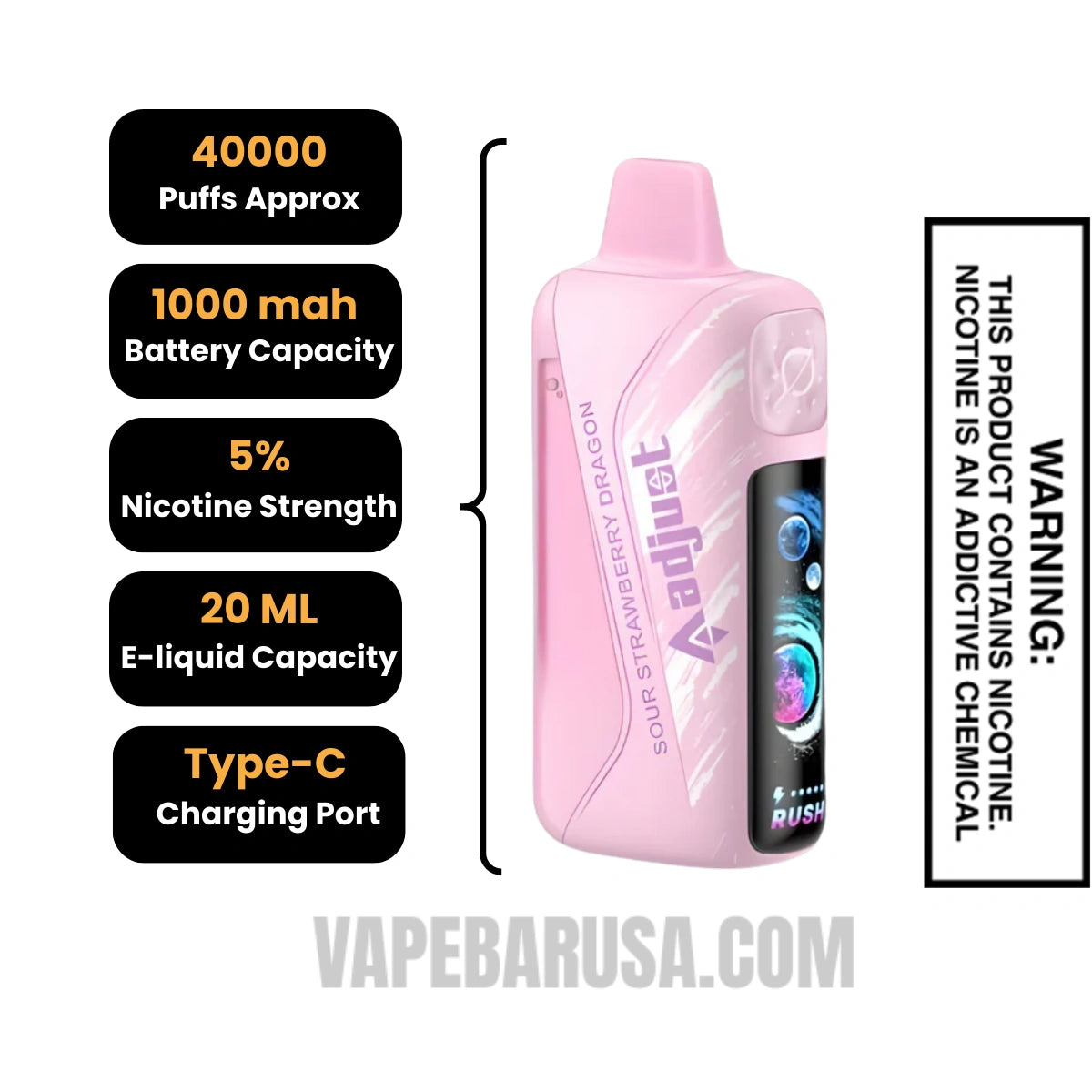 Sour Strawberry Dragon Adjust MyRusher 40K Disposable Vape Specifications