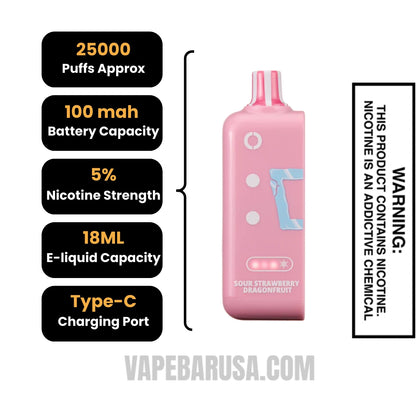 Sour Strawberry Dragonfruit Off Stamp Ice Cube 25K Disposable Pod Specifications