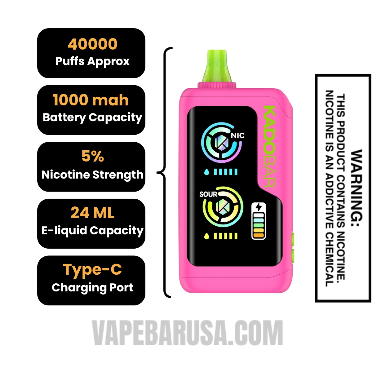 Sour Strawberry Raspberry Kado Bar NI40K Sour-Nic Control Disposable Vape Specifications