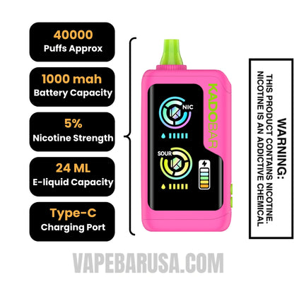 Sour Strawberry Raspberry Kado Bar NI40K Sour-Nic Control Disposable Vape Specifications