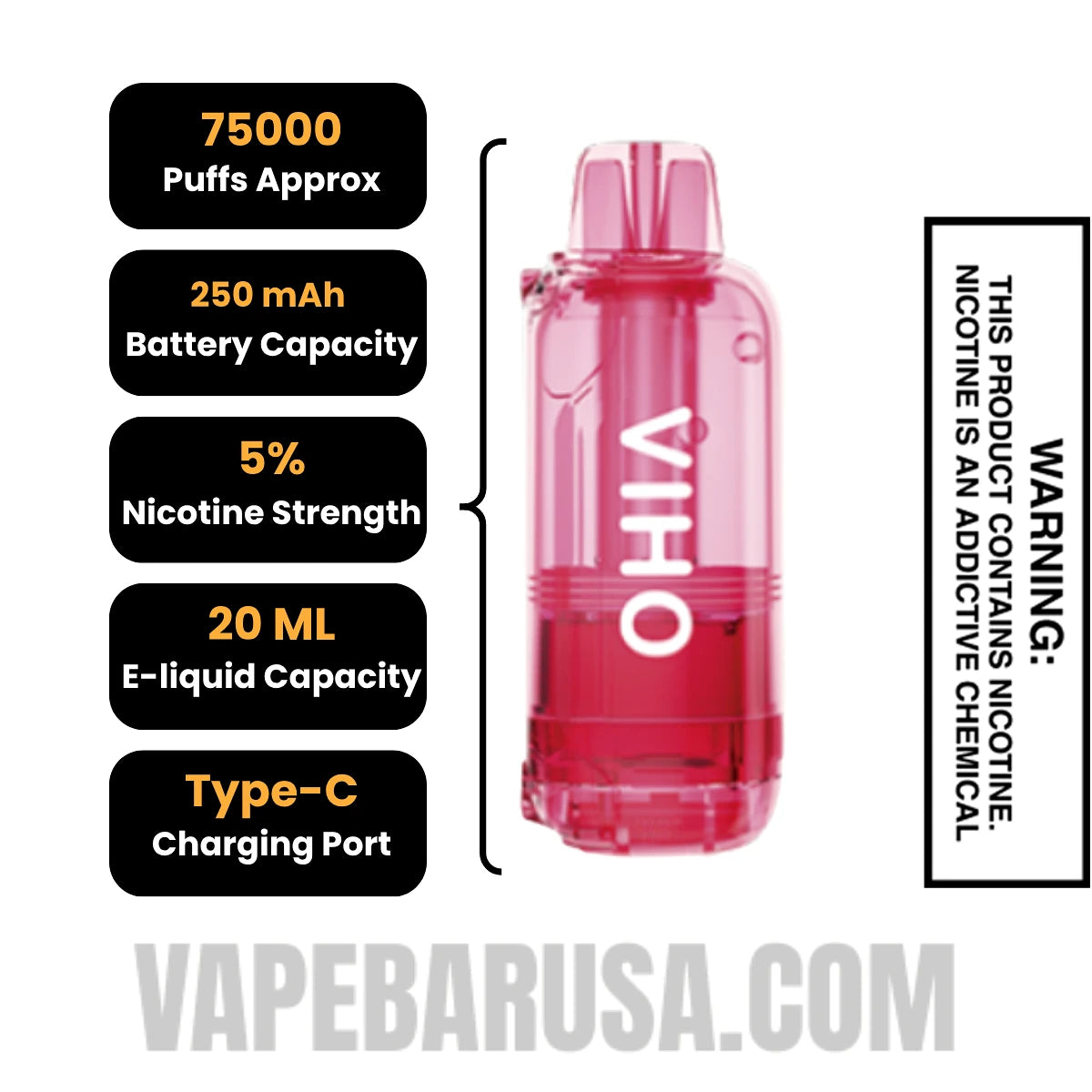 Sour Strawberry VIHO Shadow 75K Vape Pod Specifications