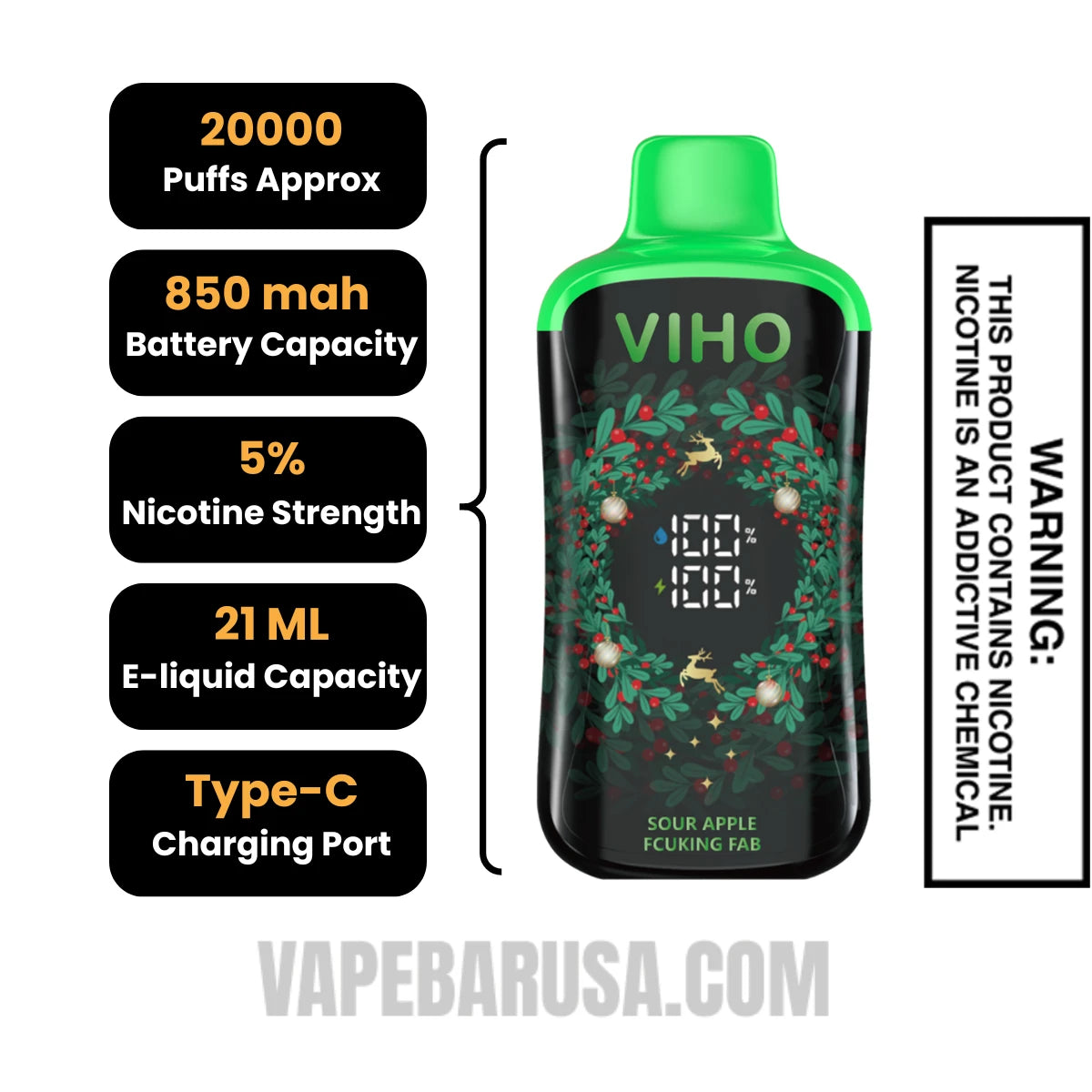 Sour Apple Fucking FAB VIHO Supercharge Pro Christmas Disposable Vape Specifications