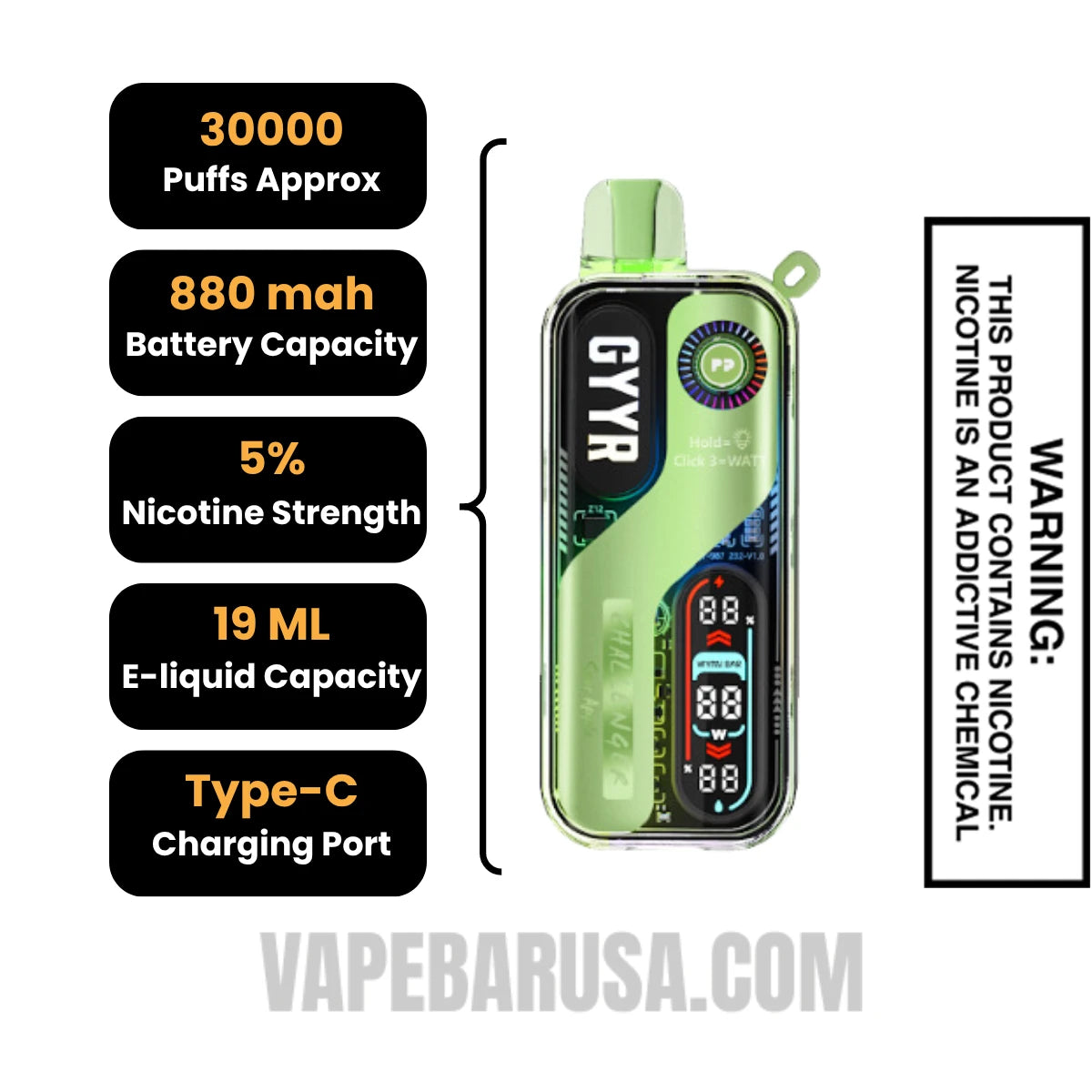 Sour Apple GYYR X Wynn Bar Challenger 30K Vape Specifications