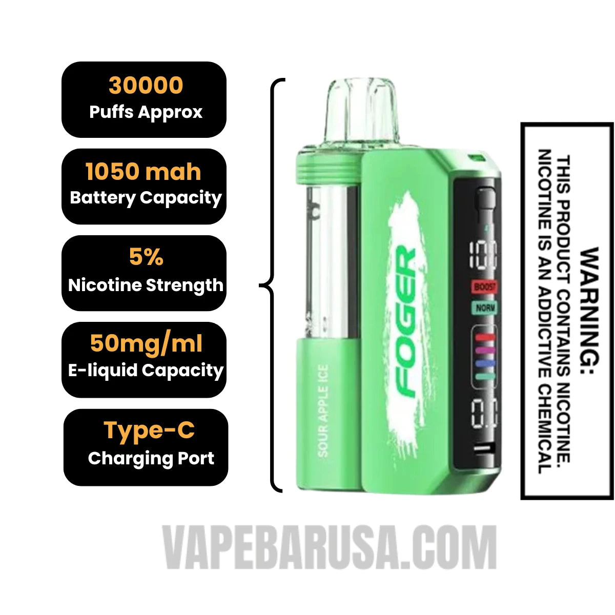 Sour Apple Ice Foger Switch Pro Disposable Vape Specifications