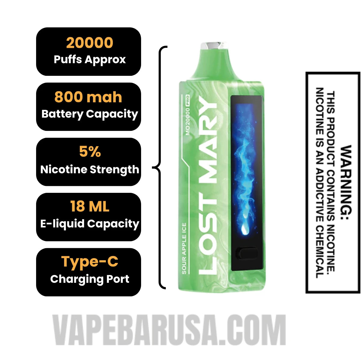 Sour Apple Ice Lost Mary MO20000 Disposable Vape Specifications