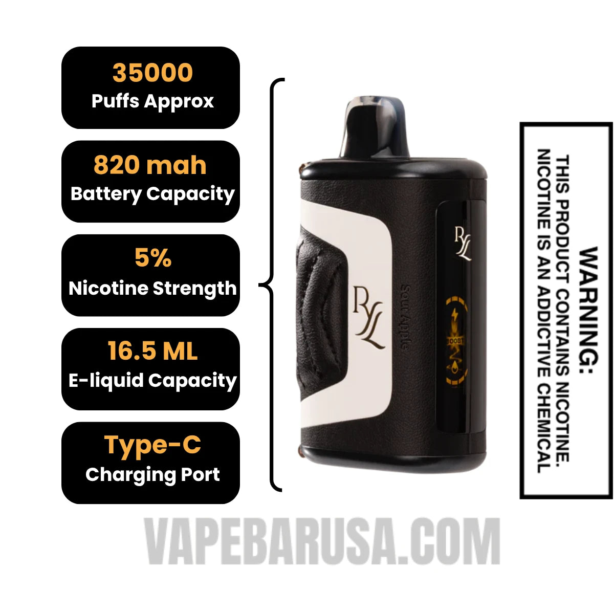 Sour Apple Ice RAZ RYL Disposable Vape Specifications