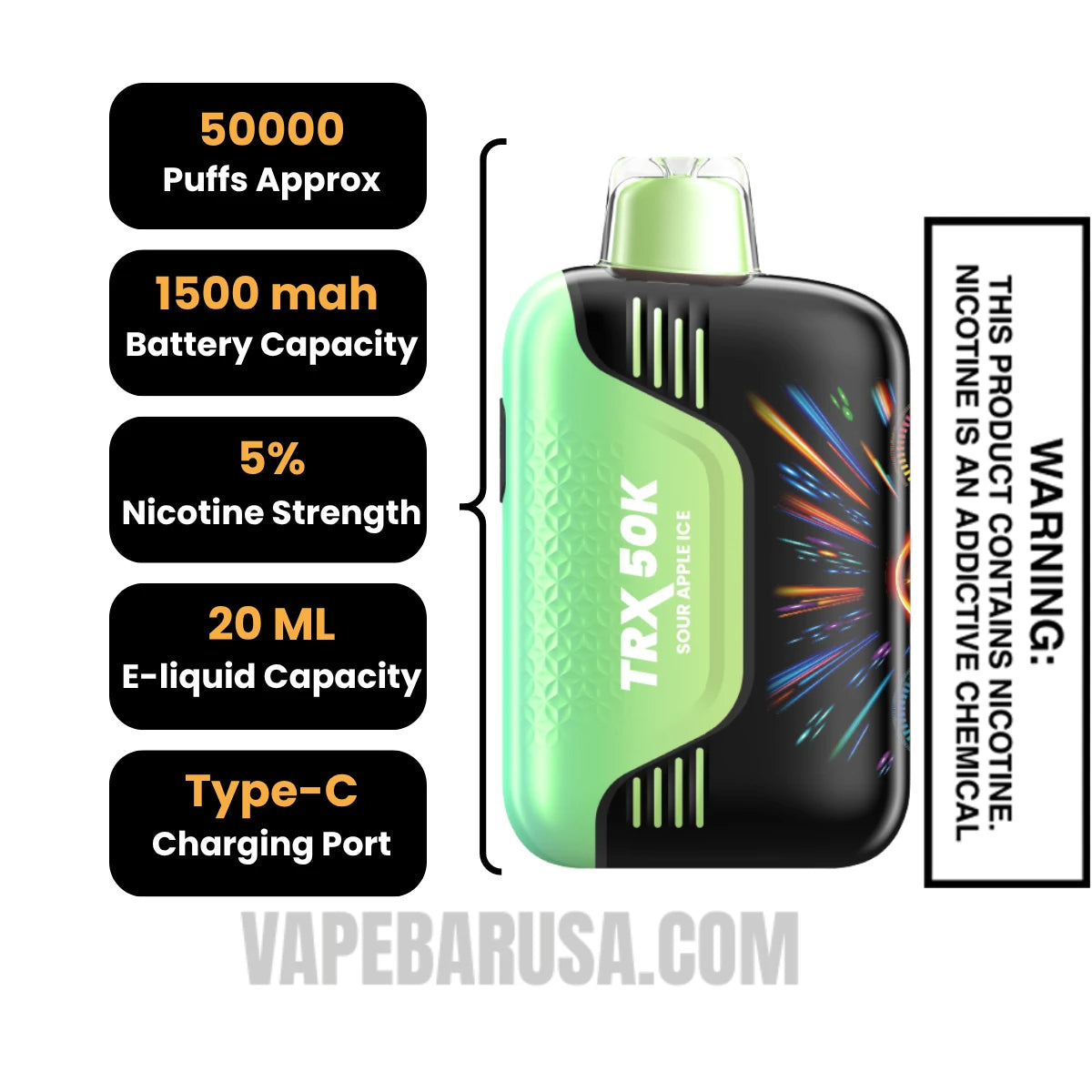 Sour Apple Ice VIHO TRX 50K Disposable Vape Specifications
