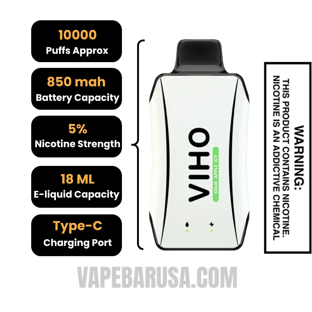 Sour Apple Icy VIHO Turbo Vape 10000 Puffs Specifications