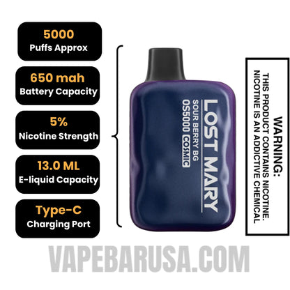 Sour Berry BG Lost Mary OS5000 Cosmic Edition Vape Specifications