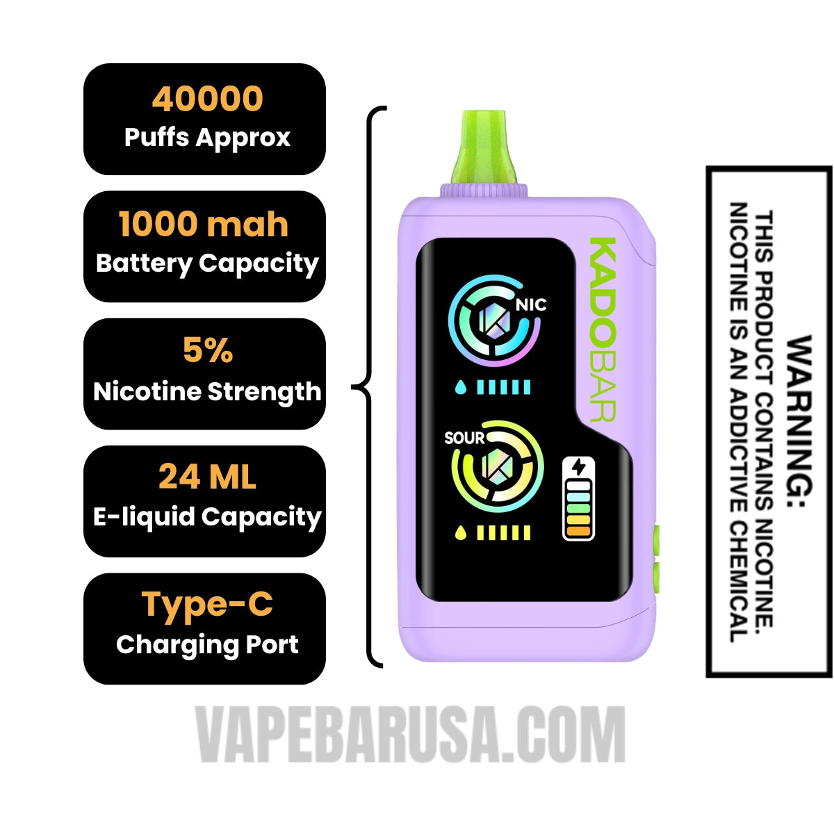Sour Fcuking Fab Kado Bar NI40K Sour-Nic Control Disposable Vape Specifications