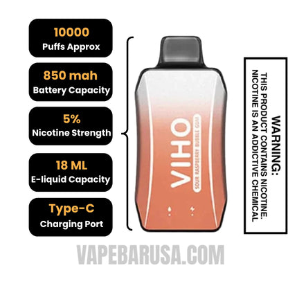 Sour Raspberry Bubble Gum VIHO Turbo 10000 Puffs Disposable Vape Specifications