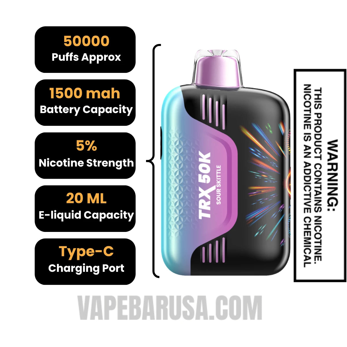 Sour Skittles VIHO TRX 50K Disposable Vape Specifcations