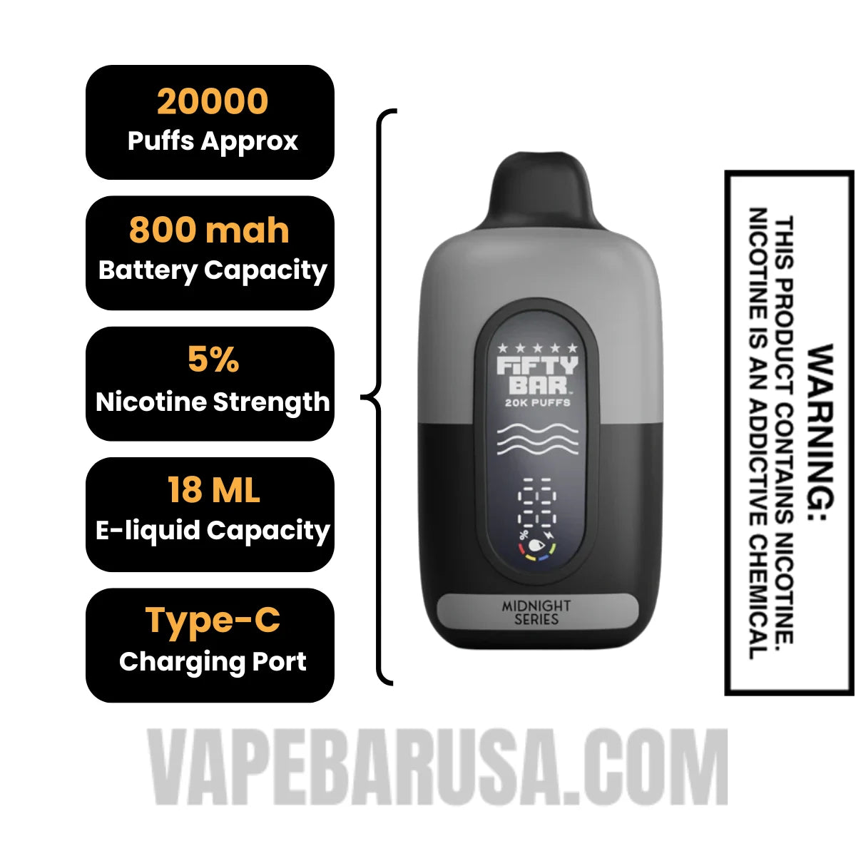 Sour Strawberry Melon Fifty Bar 20K Midnight Series Disposable Vape Specifications