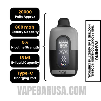 Sour Strawberry Melon Fifty Bar 20K Midnight Series Disposable Vape Specifications