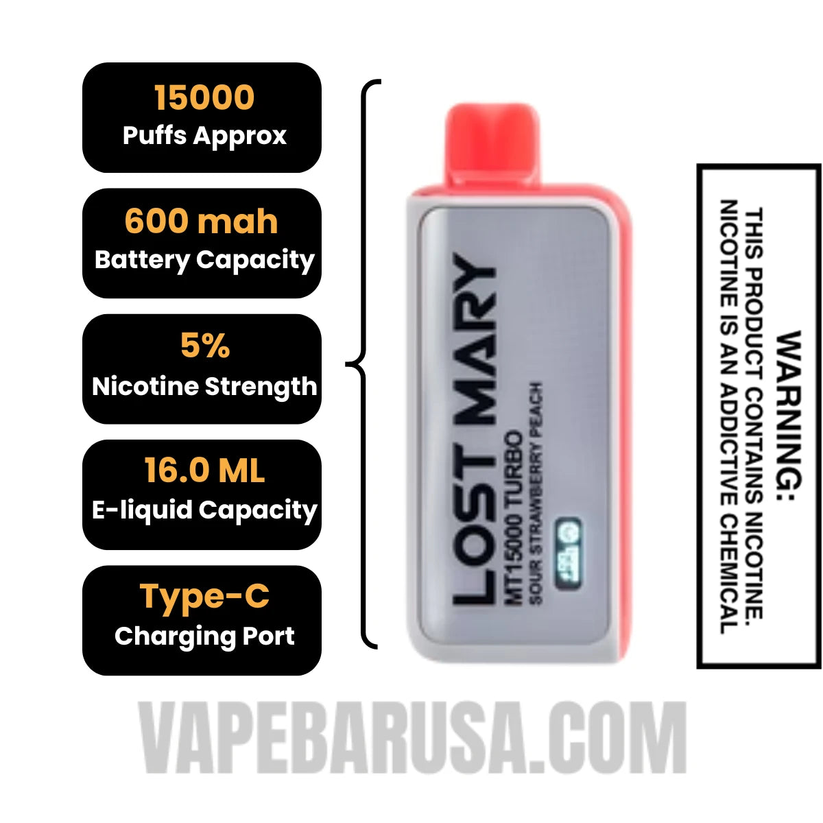 Sour Strawberry Peach Lost Mary MT15000 Disposable Vape Specifications