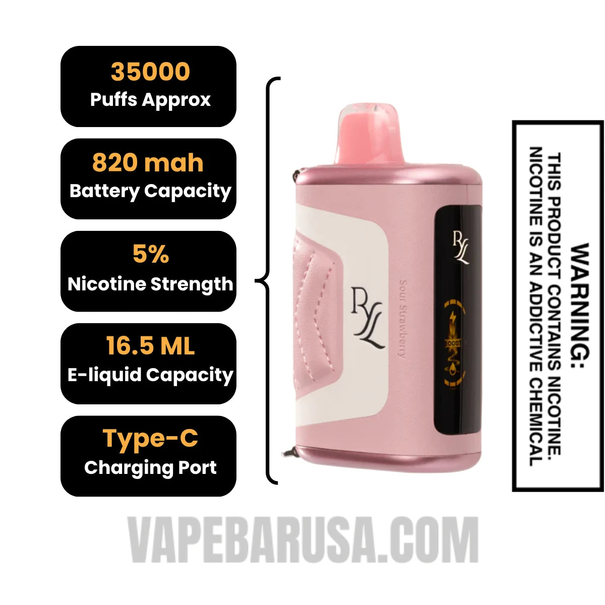 Sour Strawberry RAZ RYL Disposable Vape Specifications