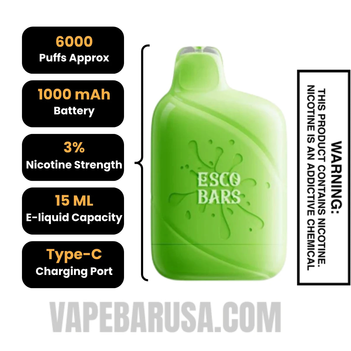 Spearmint Esco Bar Mesh Vape 6000 Puffs 3% Nic Specifications