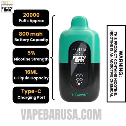 Spearmint Fruitia X Fifty Bar 20K Vape Specification 