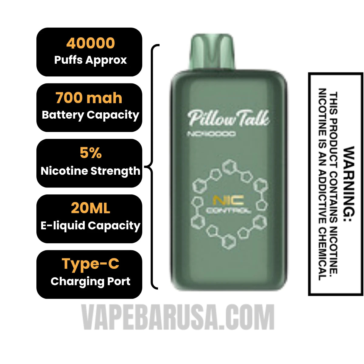 Spearmint Pillow Talk Nic Control NC40000 Vape Specifications