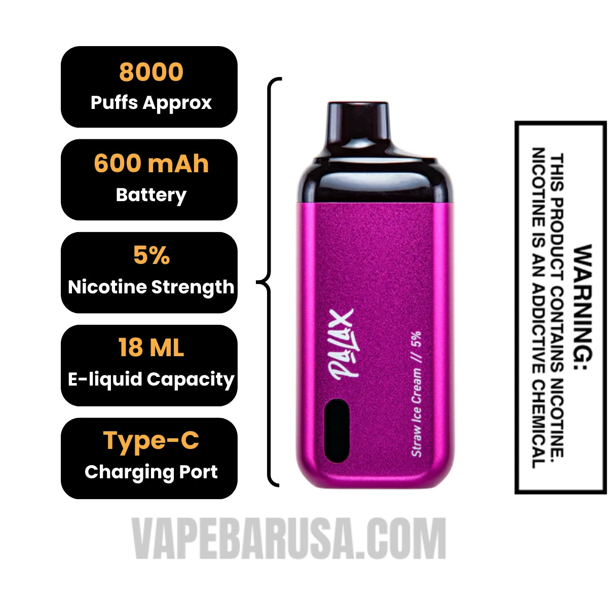 Straw Ice Cream Palax KC8000 Disposable Vape - Final Sale Specifications