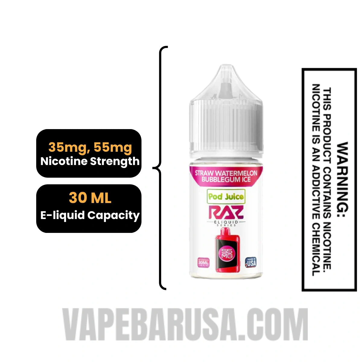 Straw Watermelon Bubblegum Ice Pod Juice X RAZ Salt Nic juice 30 ML Specifications